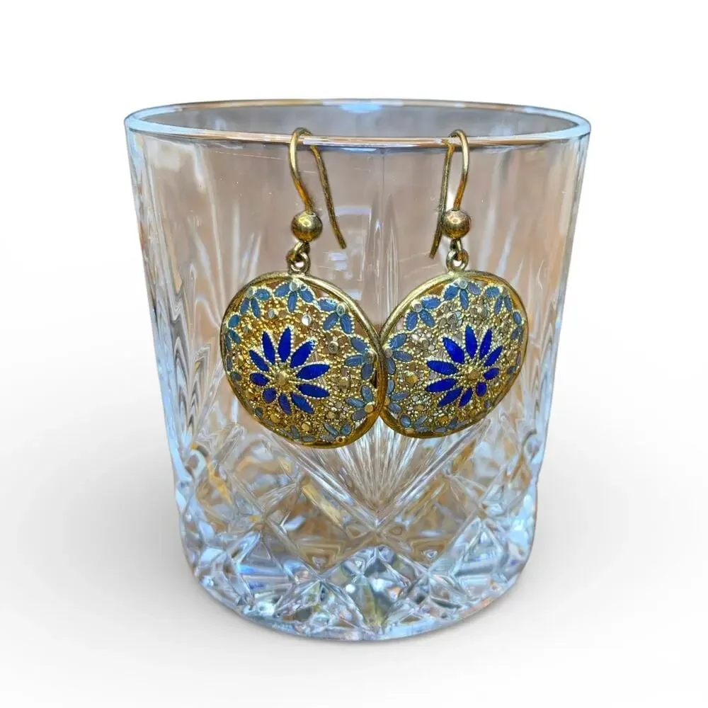 Italian Filigree 925 Silver Earrings | Blue Enamel Floral Drops